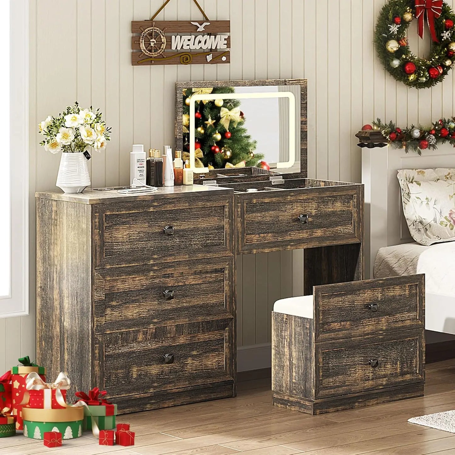 Vanity Desk With Flip Top Mirror Lights And Gun Drawer