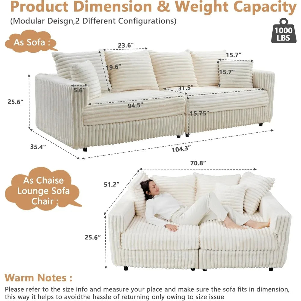 Corduroy Cloud Couches for Living Room,Fluffy 4 Seater Cloud Sofa Couch with Deep Seat,104.3" Modern Modular Sectional Sofa