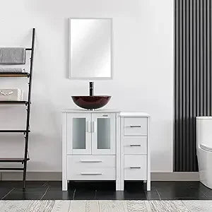 36" Modern Bathroom Vanity Sink Combo White W/Small Side Cabinet Turquoise Square Glass Vessel Sink & Water Save Faucet & Pop U