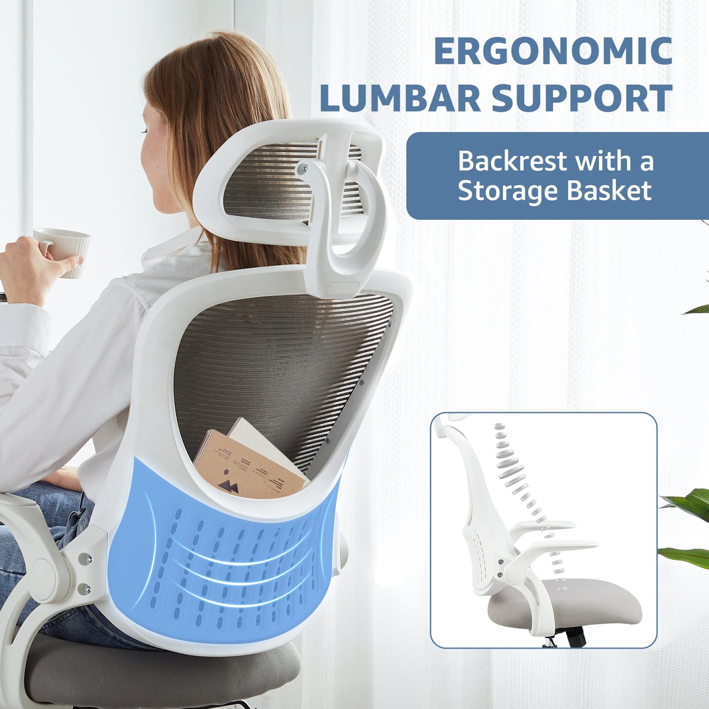 JHK Mesh Ergonomic Office Chair With Flip Up Arms And Lumbar Support