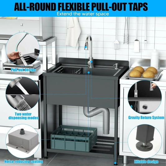 [Hot Deal, Limited Time Offer!]Stainless Steel Utility Sink, 30.8" × 22" × 39.5"Freestanding Sink with Cold and Hot Water Faucet