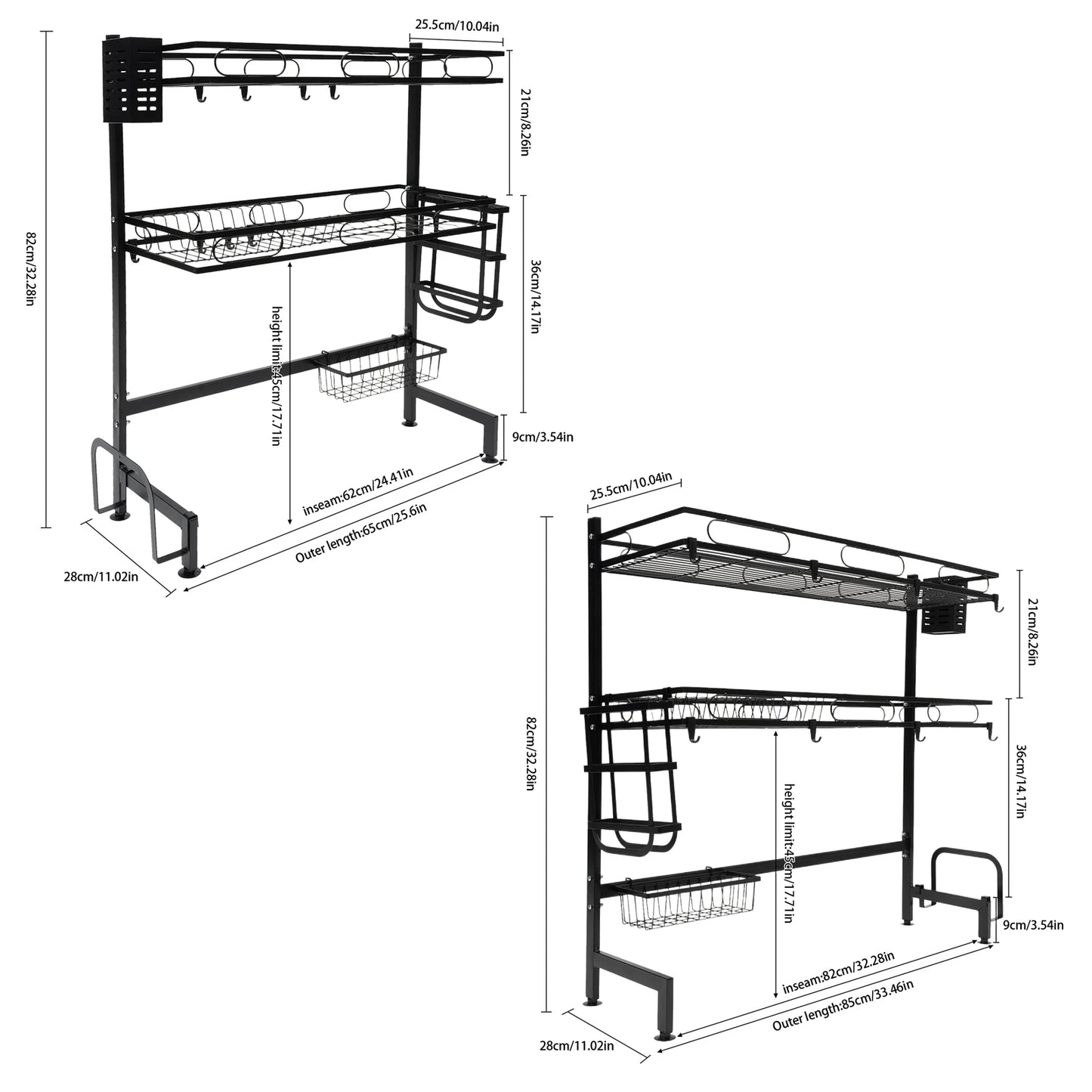 Two Tier Over Sink Dish Drying Rack Carbon Steel Above Sink Drainer Kitchen Organizer For Kitchen Counter 62 To 82 Cm