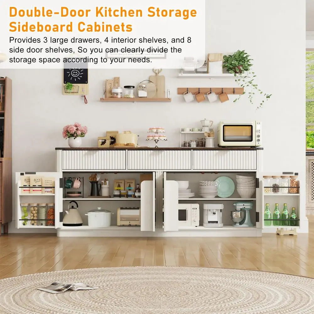 Curved Buffet Cabinet With 3 Storage Drawers And Steel Shelves