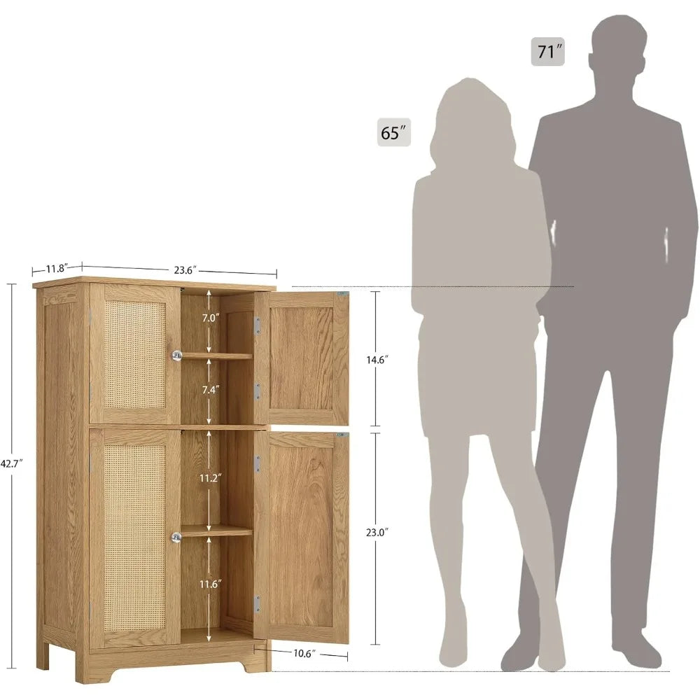 Rattan Door Storage Cabinet with Adjustable Shelves for Bathroom and Living Room