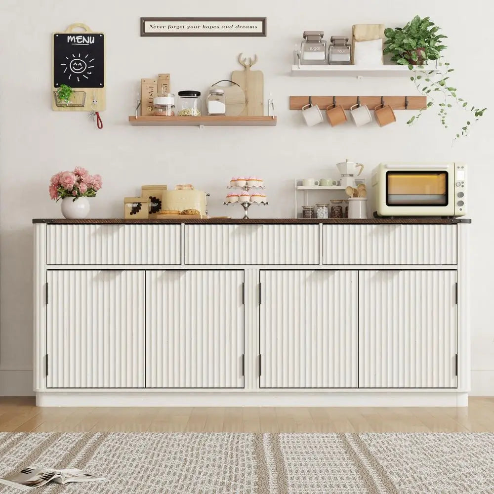 Curved Buffet Cabinet With 3 Storage Drawers And Steel Shelves