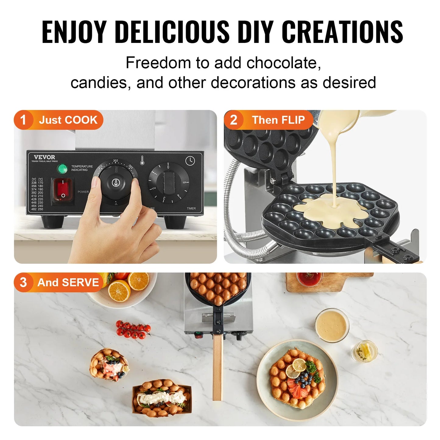 VEVOR Bubble Waffle Maker Commercial 180 Rotatable Nonstick 2 Pans