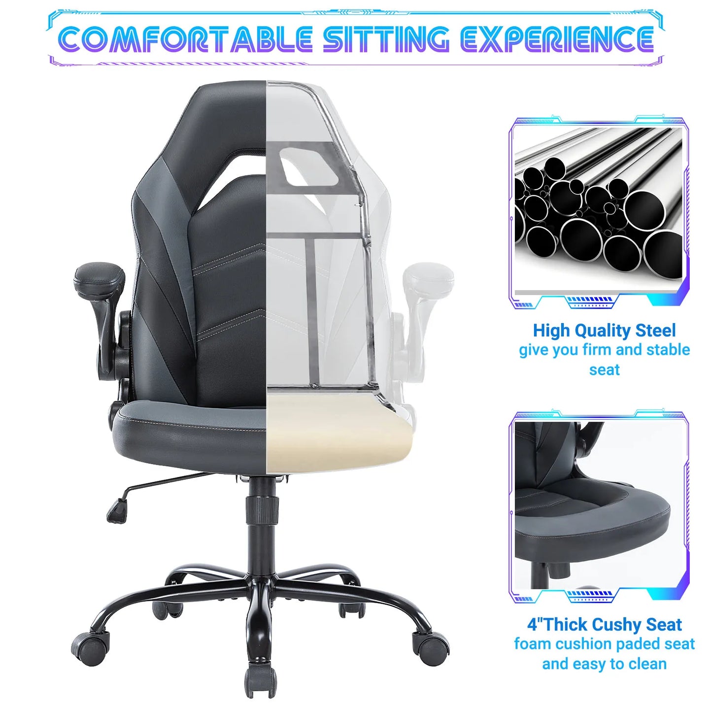 JHK Ergonomic Gaming Office Chair With Adjustable PU Leather Armrests