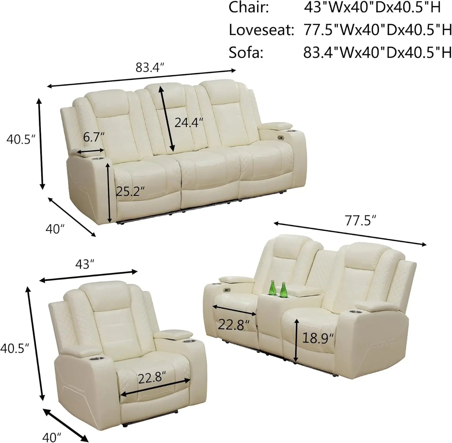 Power Recliner Leather Sofa Set With LED USB Charging