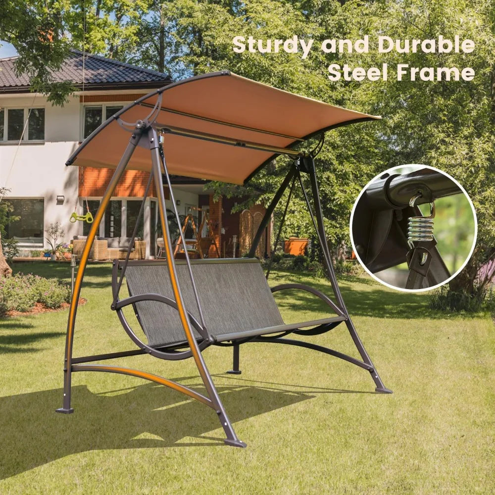 Domi Porch Patio Swing with Adjustable Canopy, 3-seat Swing with Stand, Outdoor Swings w/Armrests, Weather Resistant Steel Frame