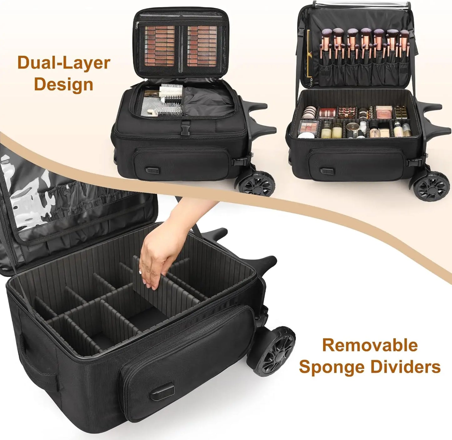 Rolling Makeup Case with 4 Small Makeup Bags, Large Make Up Travel Organizer with 2 big Wheels, Professional Lockable