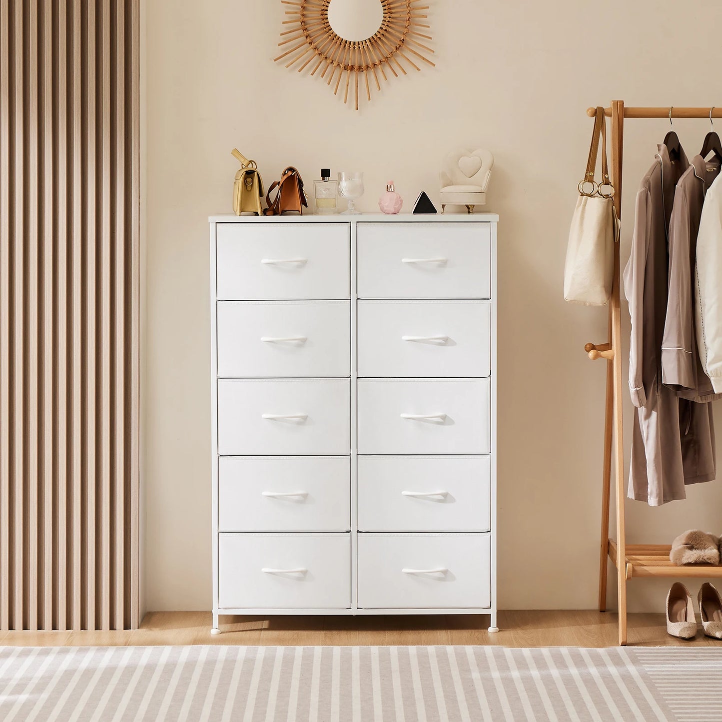 JHK Bedside Table With 10 Fabric Drawers Steel Frame Wardrobe