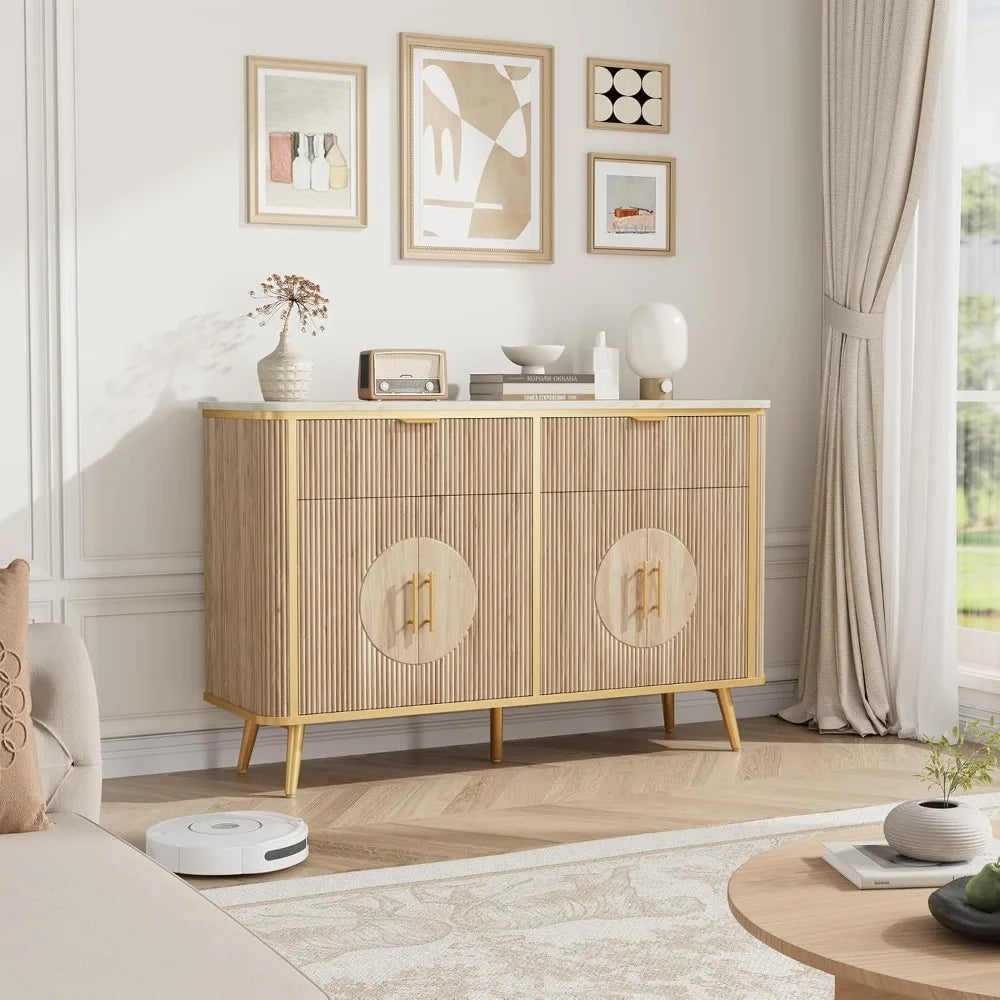 "47.2" Fluted Buffet Cabinet - Modern Coffee Bar with 2 Drawers & Adjustable Shelves, Kitchen/Dining Room Sideboard"