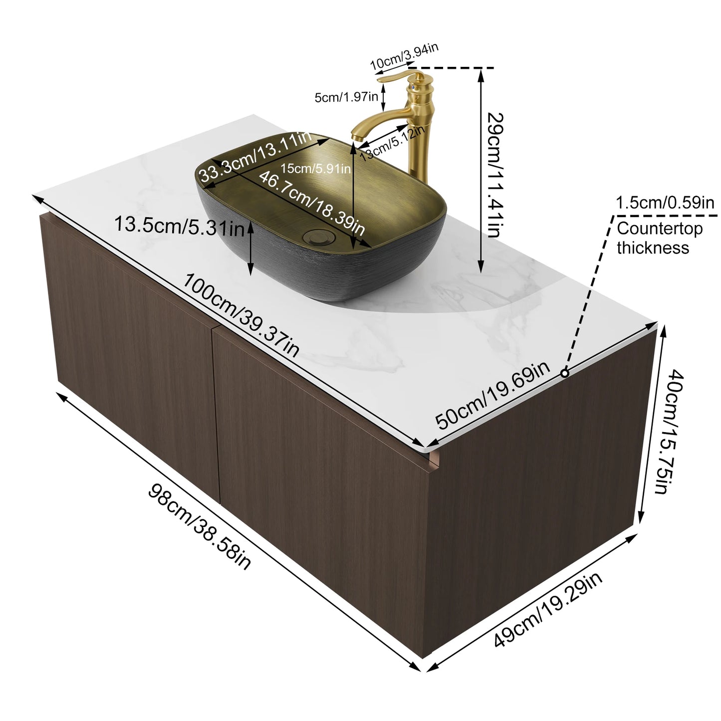 Hign-concerned Modern Floating Bathroom Vanity Sink Combo Wall Cabinet MarbleTop