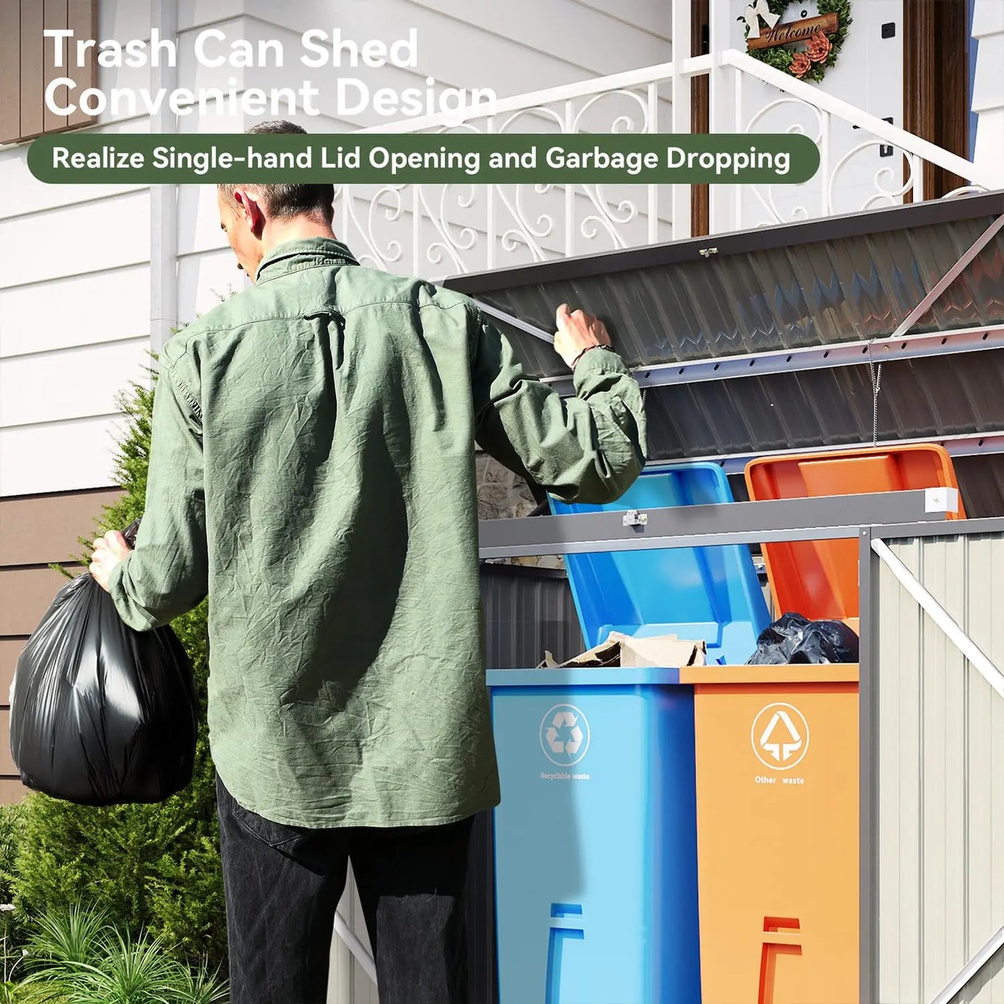Metal Outdoor Storage Shed Chain Lid Waterproof Garbage Can Organizer For 2 Bins