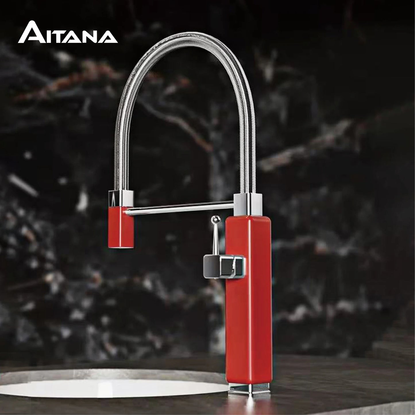 Modern luxury brass red kitchen faucet with retro design, pull-out water outlet, single handle hot and cold water sink Mixer