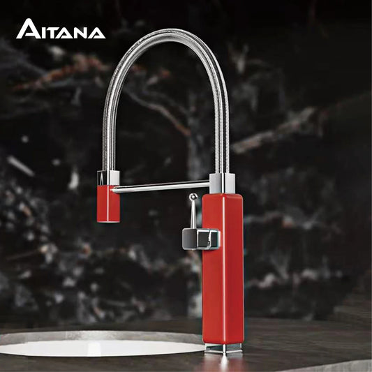 Modern luxury brass red kitchen faucet with retro design, pull-out water outlet, single handle hot and cold water sink Mixer