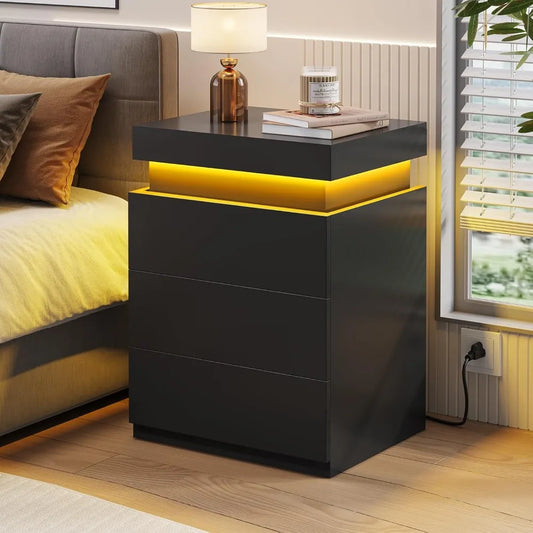 Nightstand With Charging Station And Led Lights Modern End Table