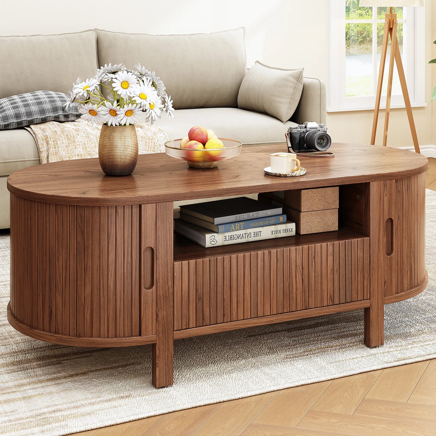 Oval Coffee Table With Cabinets And Sliding Doors Mid Century