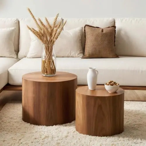 Nesting Coffee Table Set of 2 Modern Round Wood Tables