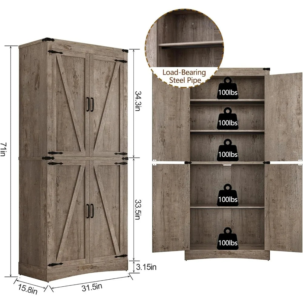 71" Tall Kitchen Pantry,Farmhouse Storage Cabinet with Adjustable Shelves,Load-Bearing Steel Pipe,Farmhouse Pantry Cabinet with