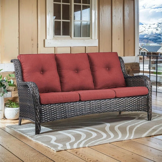 75Inch Outdoor Wicker Sofa - Standard 3 Seater with High Backrest, All Weather Rattan Patio Furniture for Balcony, Deck, Backyar