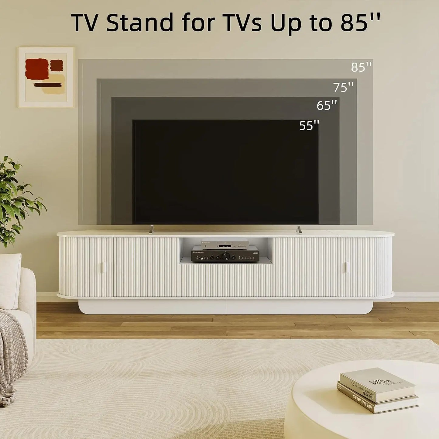 86.61'' Tambour TV Stand for 55-85 Inch, Modern Entertainment Center with Large Storage Cabinet & Open Shelves, TV Console