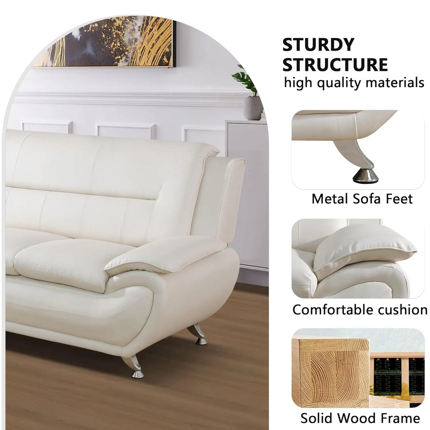 Leather Living Room Sofa Set With Metal Leg Supports