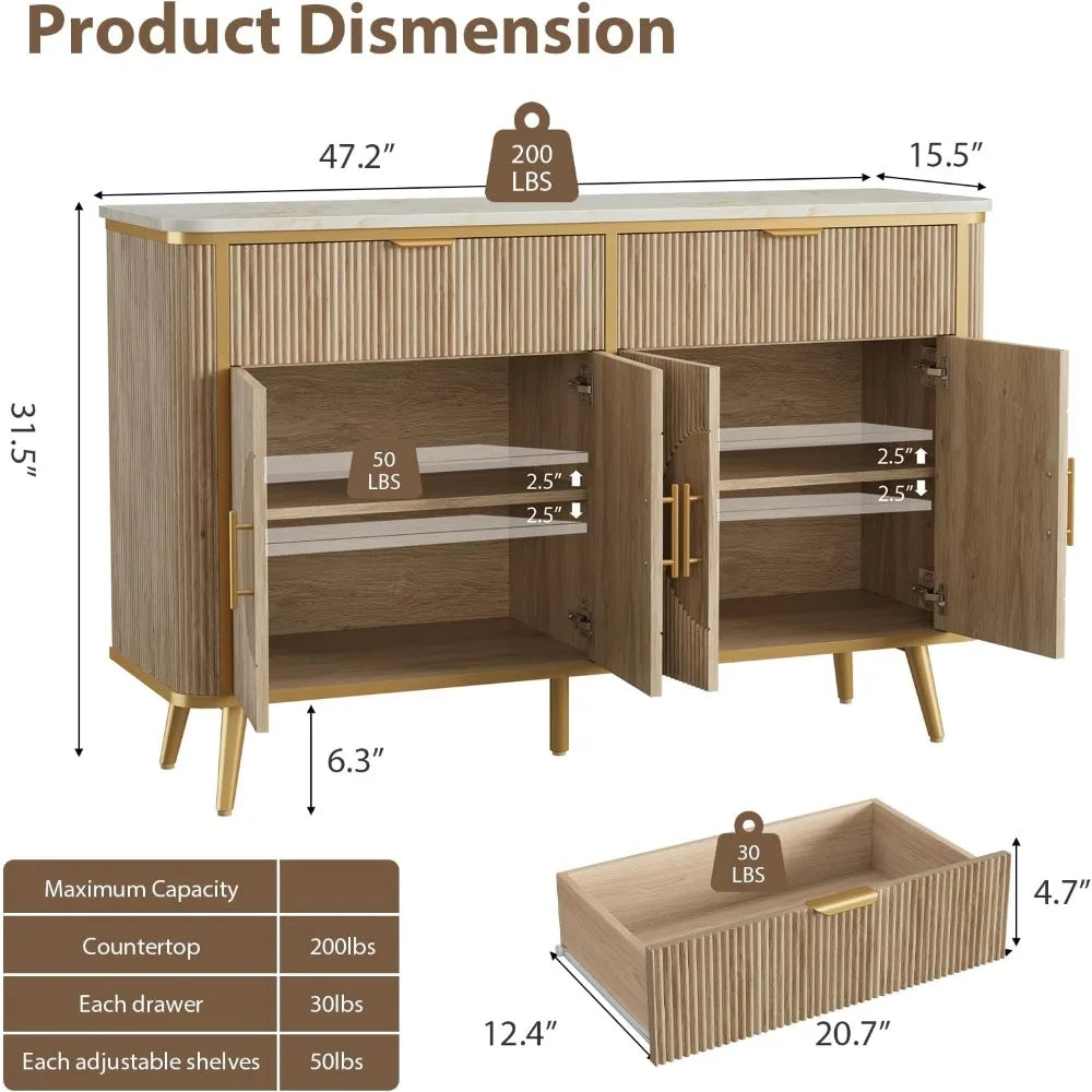 "47.2" Fluted Buffet Cabinet - Modern Coffee Bar with 2 Drawers & Adjustable Shelves, Kitchen/Dining Room Sideboard"