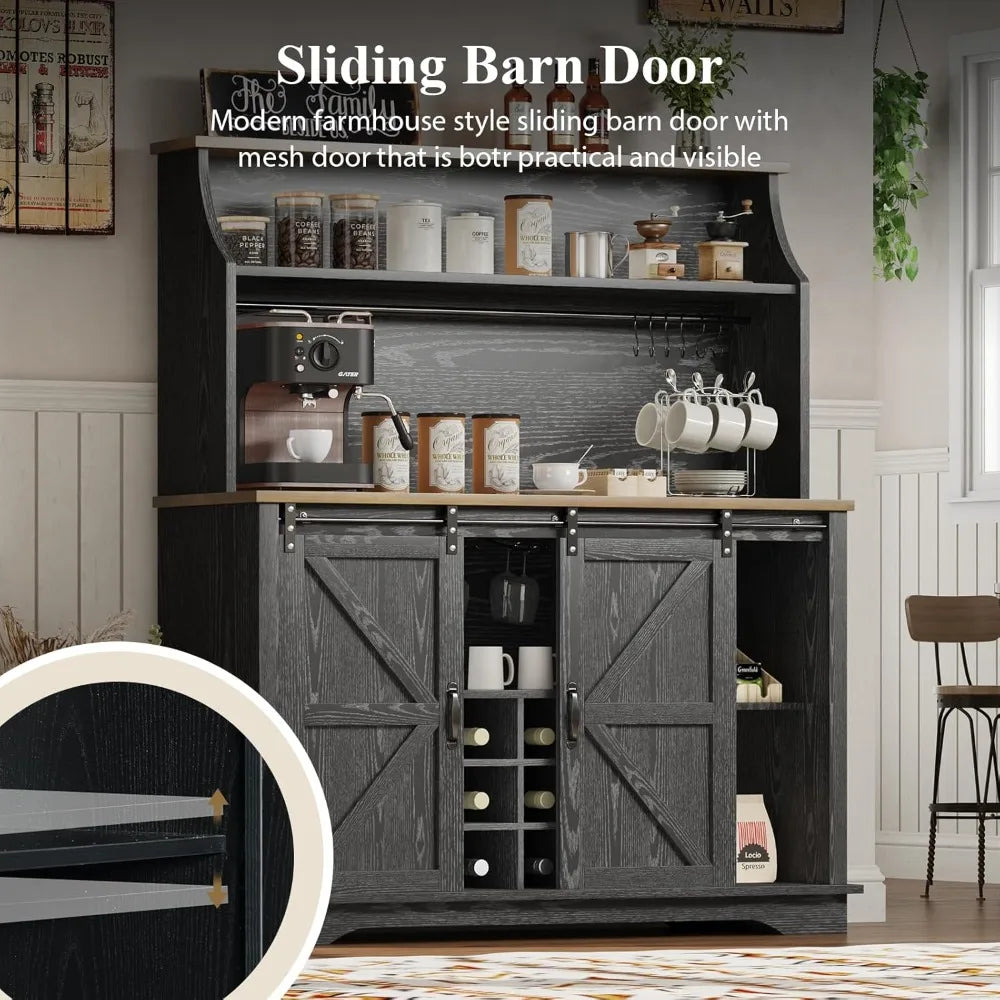 47" Farmhouse Coffee Bar with 3-Tier Storage, Kitchen Hutch with 12 Wine Racks & 3 Glass Holders, Coffee Hutch Cabinet with