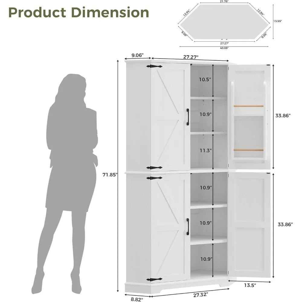 Corner Cabinet, 72" Kitchen Pantry Cabinet, 6-Tier Freestanding Farmhouse Pantry with 4 Adjustable Shelves, 240°Swivel Doors, 2