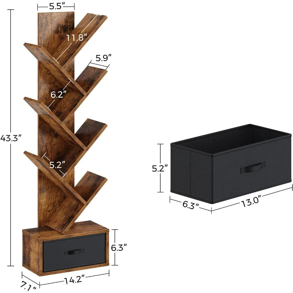 7 Tier Tree Bookshelf With Drawer Storage Rack Living Room
