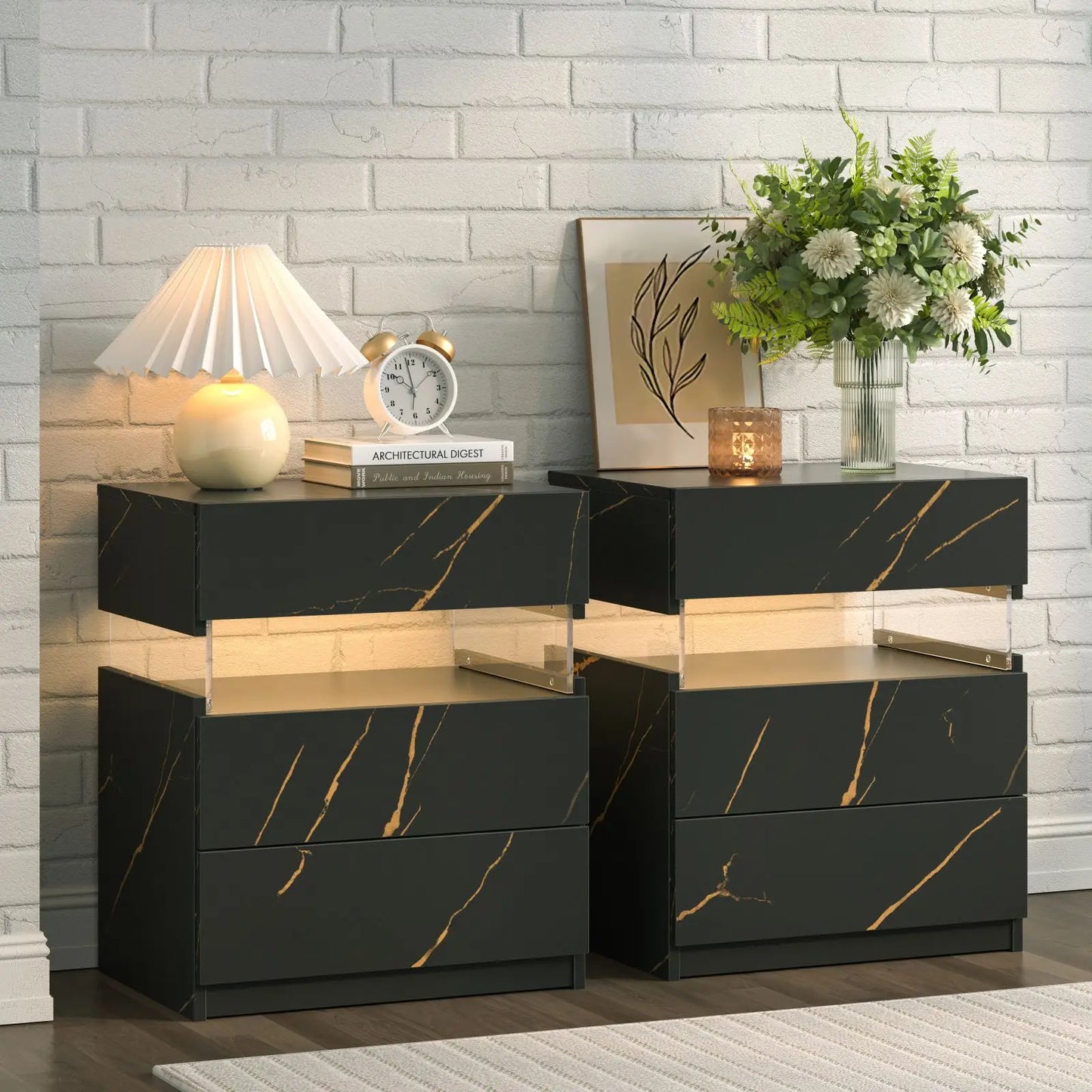 Cubehom Bedside Tables 2Pack With LED Lighting And 3 Drawers