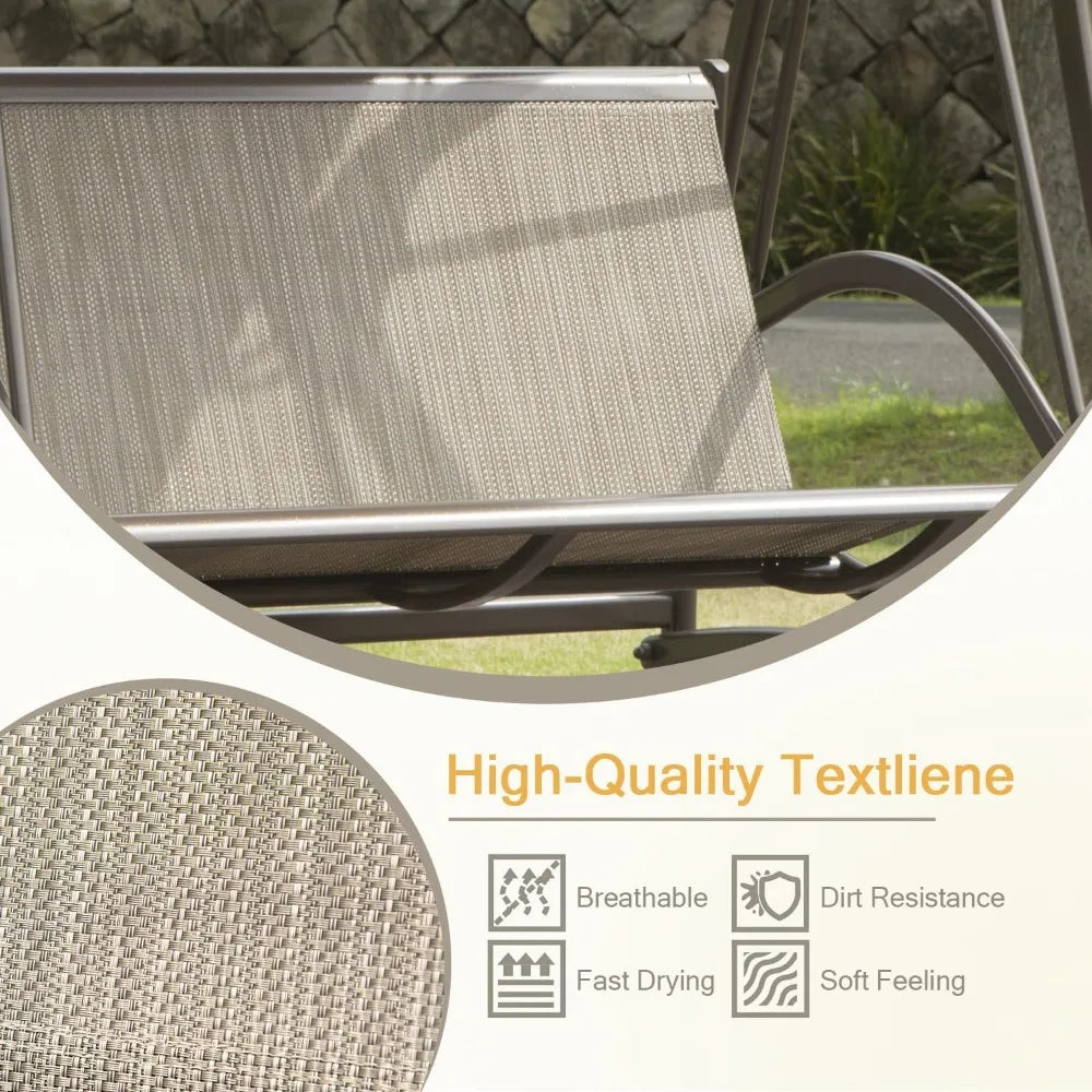 Domi Porch Patio Swing with Adjustable Canopy, 3-seat Swing with Stand, Outdoor Swings w/Armrests, Weather Resistant Steel Frame