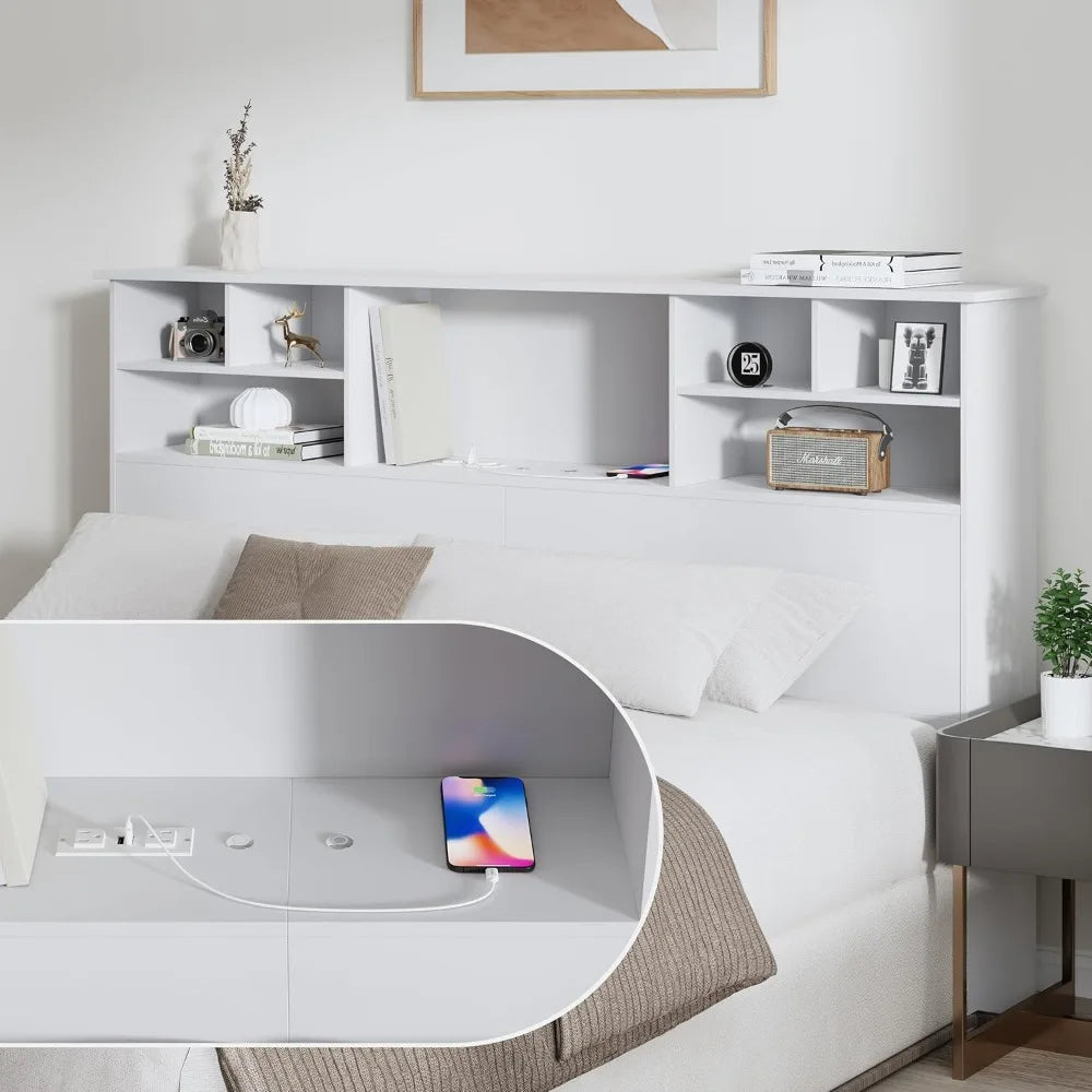 Queen/Full Size Headboard Only for Bedroom, Wood Bookcase Headboard with Charging Station & 2 LED Lights, Stylish Queen Headboar
