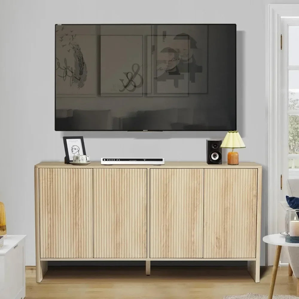Sideboard Buffets Cabinet, Modern Accent Storage Cabinet with 4 Fluted Doors and Adjustable Shelves
