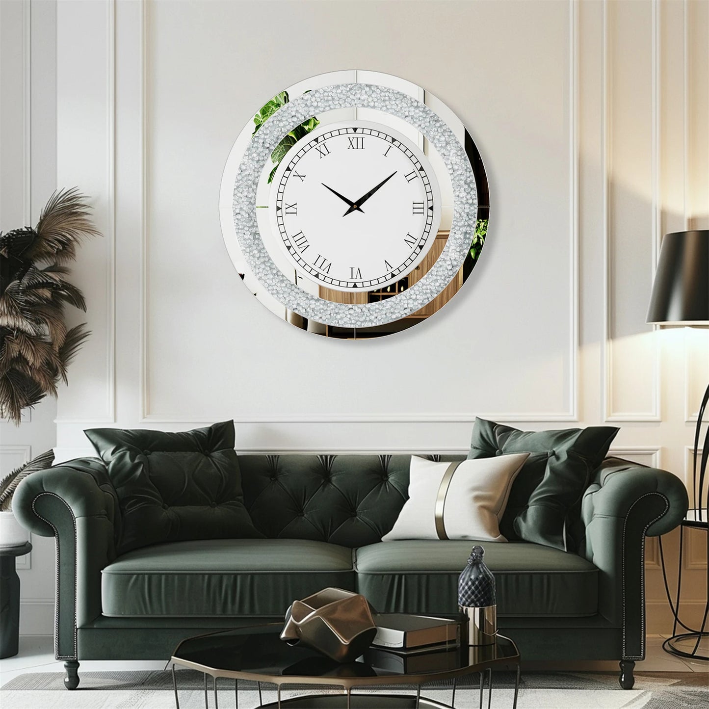 Silver Round Mirror Wall Clock Glam Sparkle Accent Decor