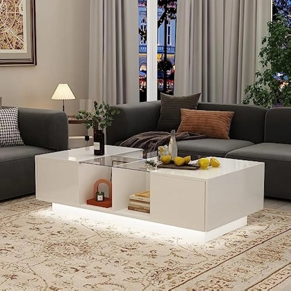 DAFIFY Modern LED Coffee Table With Drawers Glass Top