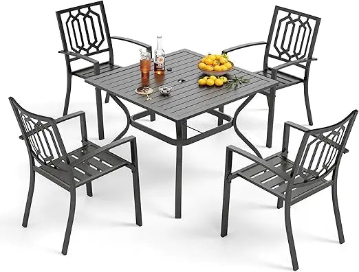 5 Piece Outdoor Dining Set For Four With Square Wrought Iron Table And Stackable Chairs Heavy Duty Patio Deck