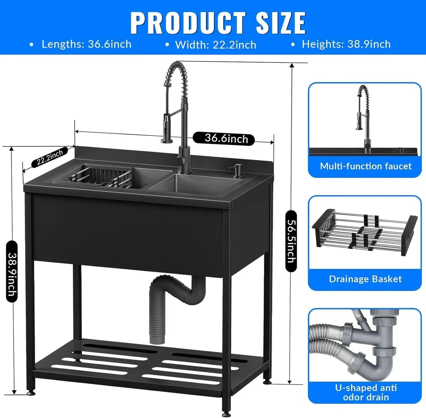 [Free Shipping, Hot Deal!]Stainless Steel Utility Sink,36.6" × 22.2" × 38.9",2 Compartment Sink Freestanding Commercial Sink,wit