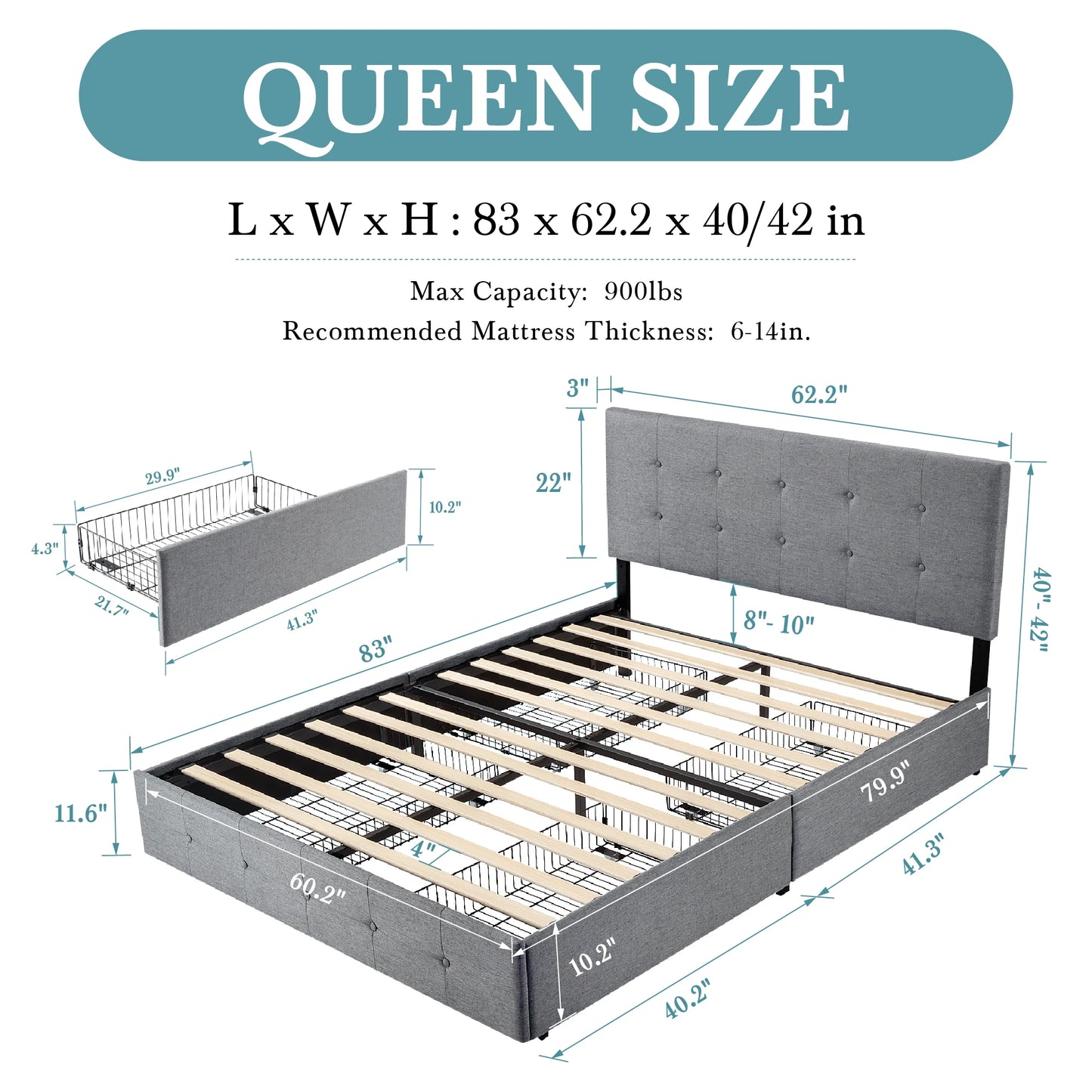 HOOMICH Platform Storage Bed Frame 4 Drawers Adjustable Headboard