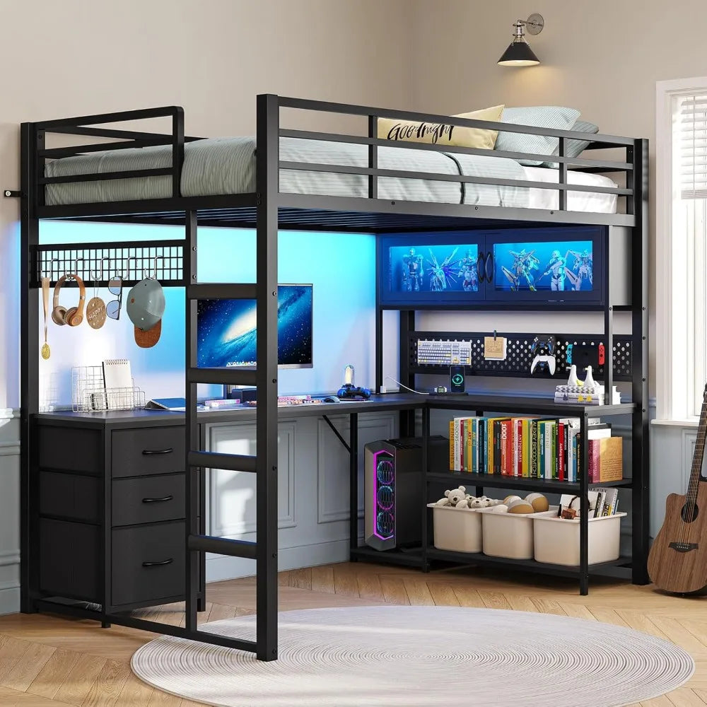 Loft Bed With L Shaped Desk Hutch And Storage Drawers