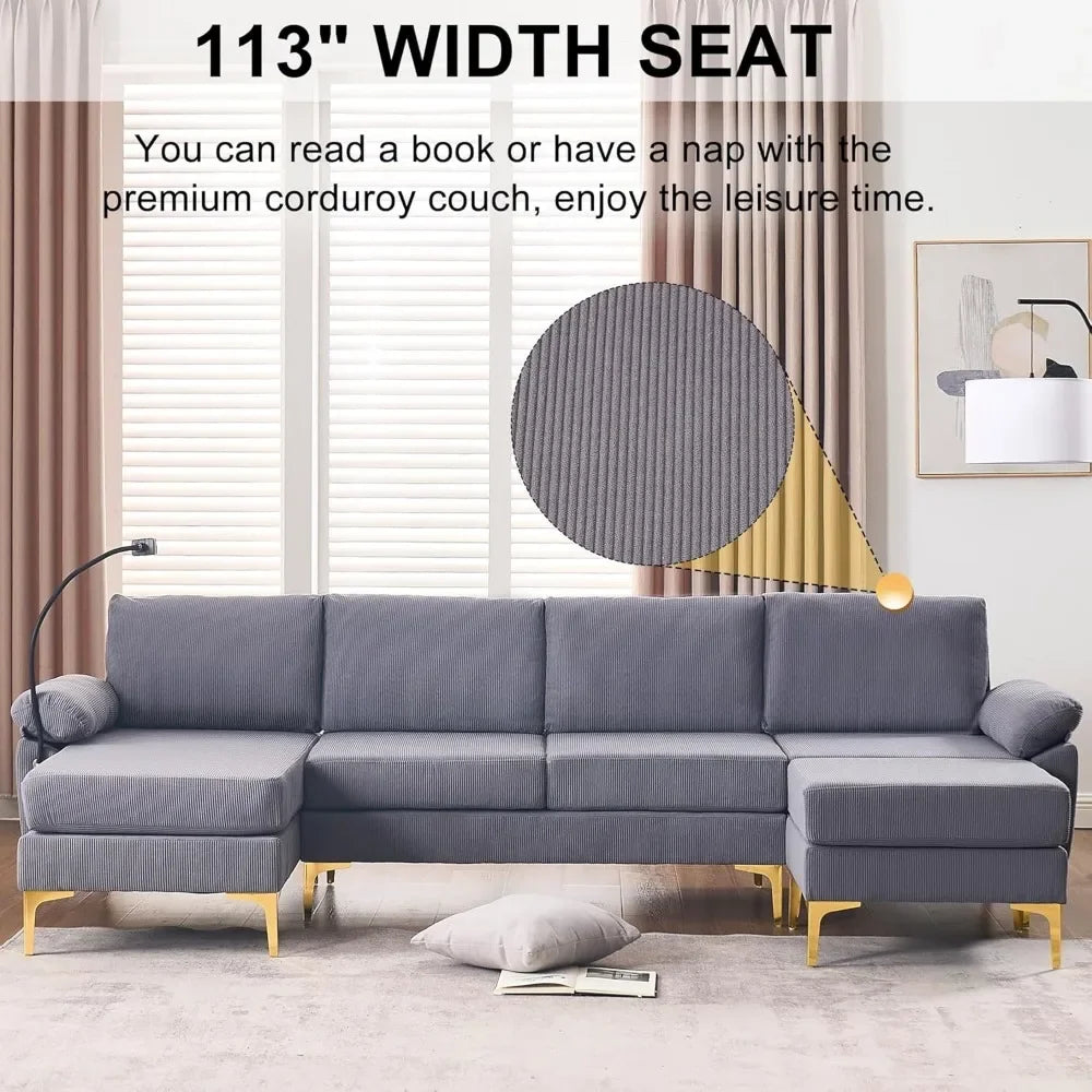 U-Shaped Corduroy Convertible Sofa Set With Lounge Chair And Footstool