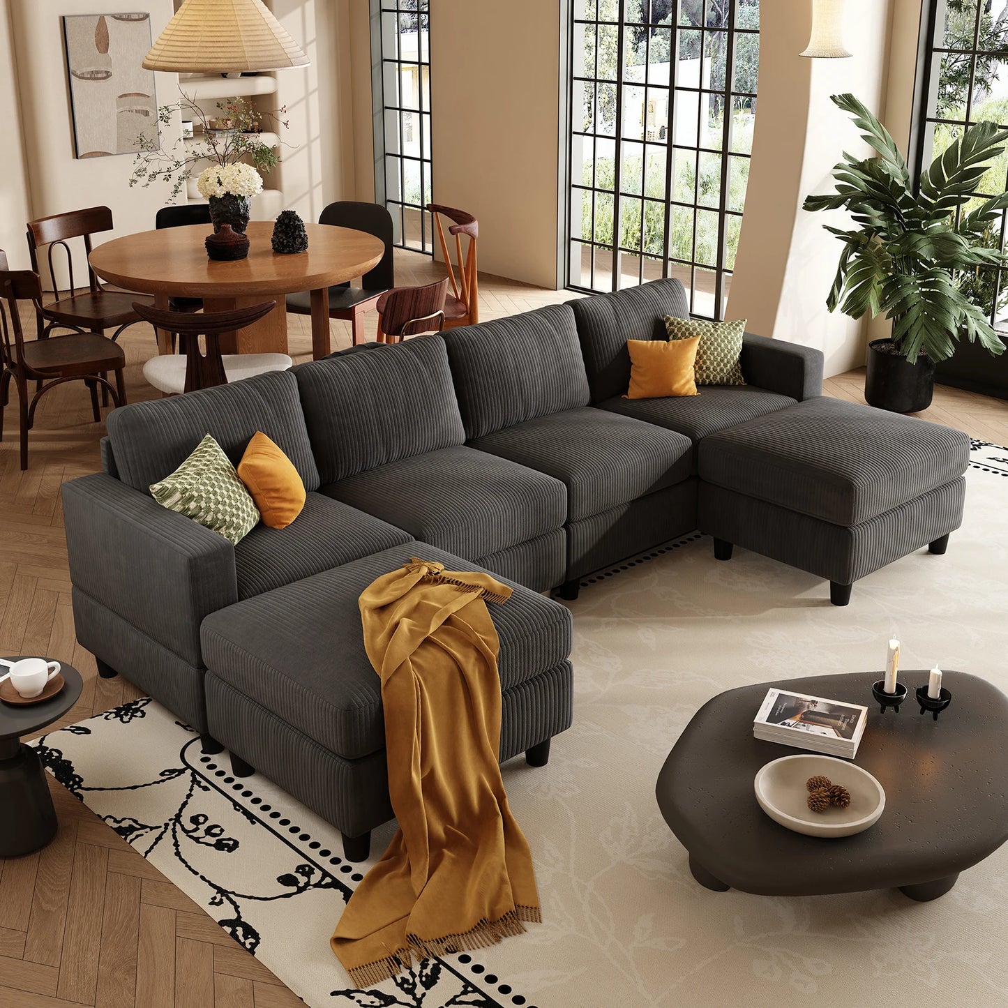 QWCCN Corduroy U Shape Sectional Sofa With Ottomans