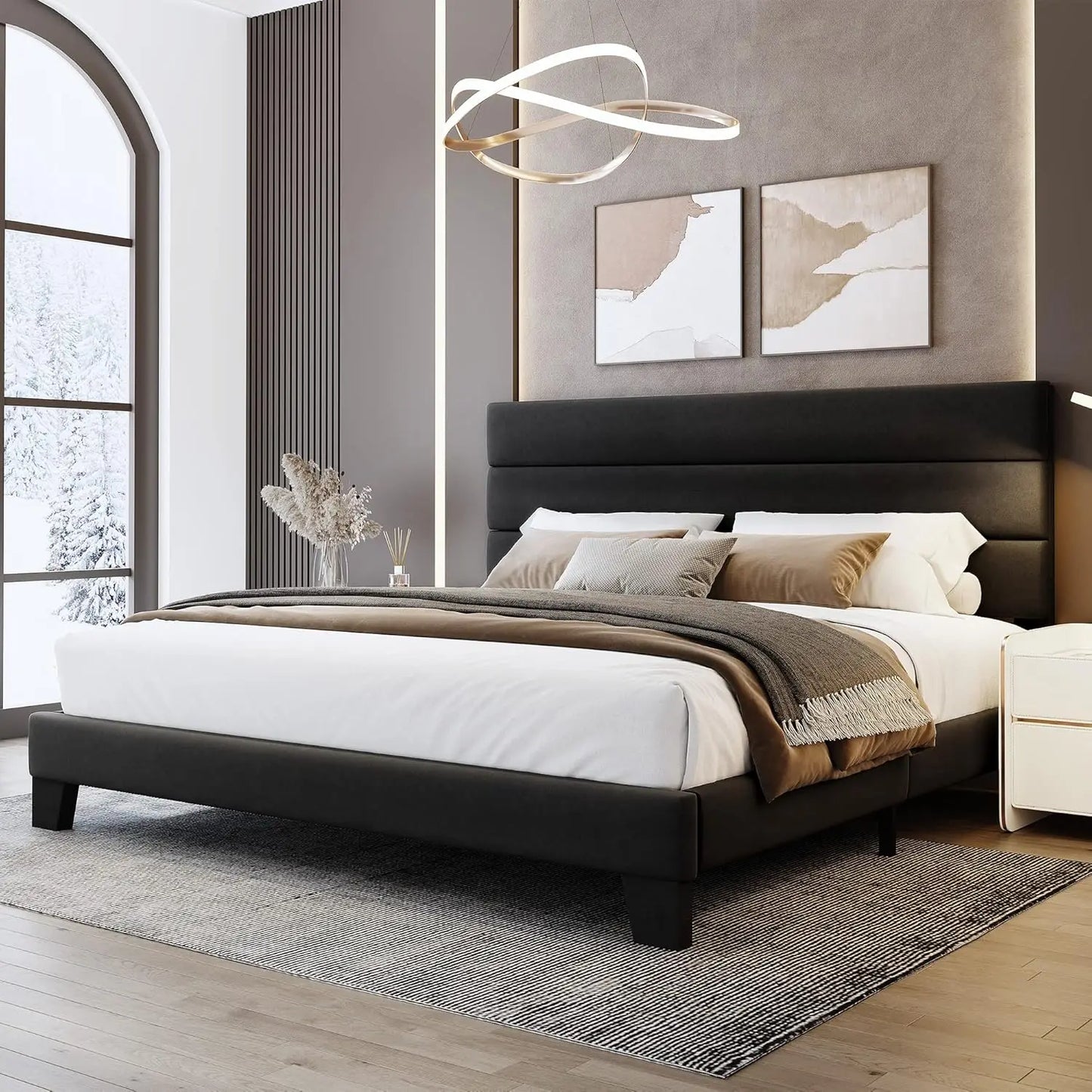Huanzhuang Velvet Headboard Platform Bed Frame With Slats