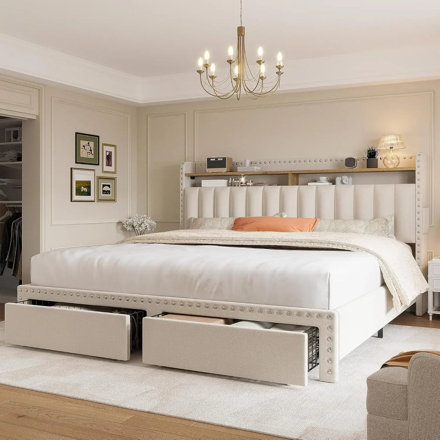 Queen Bed Frame with Headboard and Storage, Upholstered Queen Bed Frame with Storage