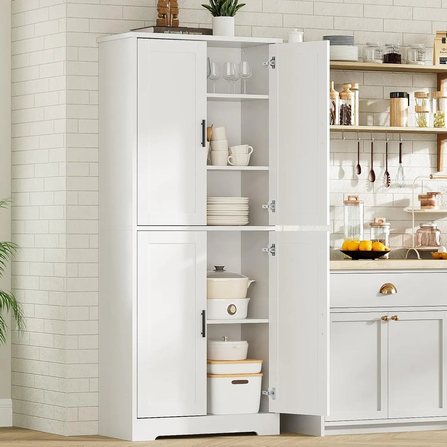 Studyset Freestanding Kitchen Pantry Cabinet With 4 Doors Adjustable Shelves