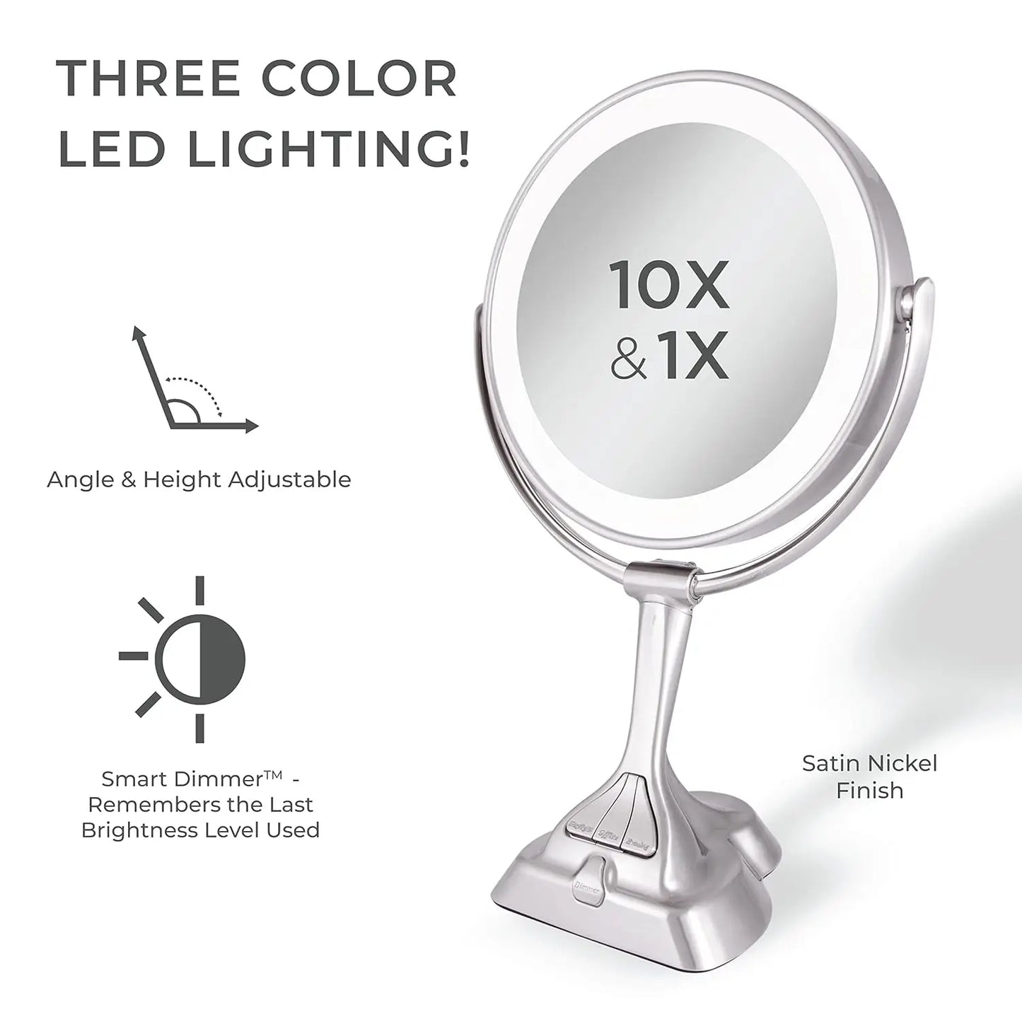 9" Round Dimable 3 LED Light Color Dual-Sided Magnified Makeup Mirror, Touch Dimmer Control (Satin Nickel, 10X/1X)