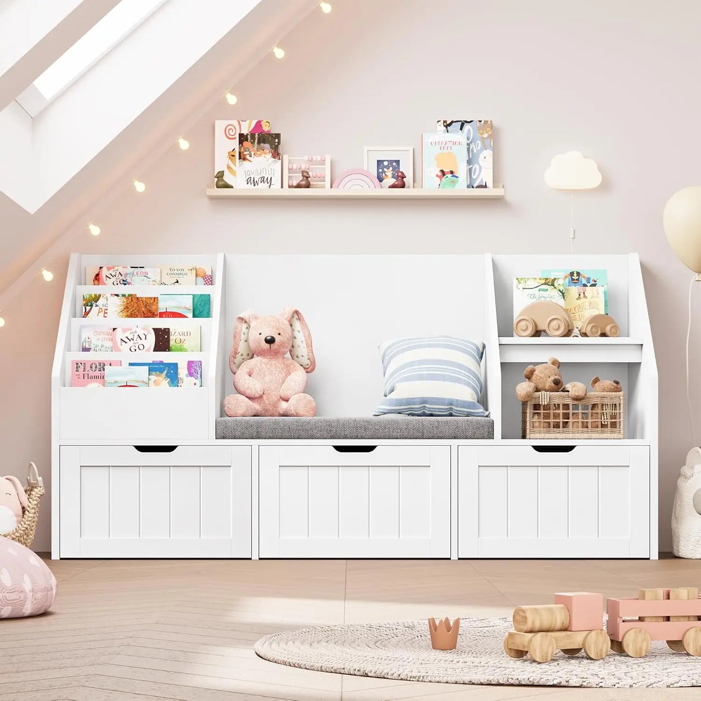 55.1’’ Kids Bookshelf with Reading Nook, Toy Storage Organizer with Seat Cushion and 3 Movable Drawers, Kids Reading Nook Toy