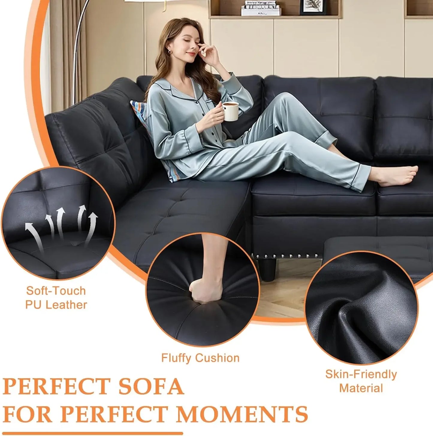 Combination L Shaped Sectional Sofa Chaise Ottoman Pillows