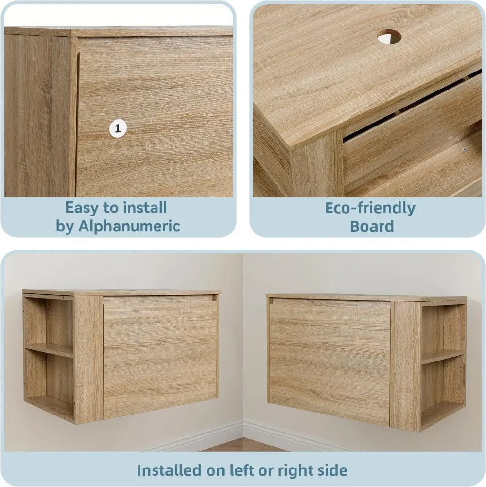 30-inch Natural Color Wall Mounted Bathroom Vanity with Hidden Drawer and Gold Boat Vessel Sink Top